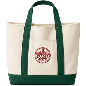 Large Canvas Tote Bag for Trader Joe's, Reusable 12 oz Cotton Tote Bag with Embroidered, Front Pocket & Reinforced Bottom for