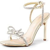 DREAM PAIRS Women's Double Bowknots Crystal Sandals Clear Slingback Heels Square Toe Shoes for Party Wedding
