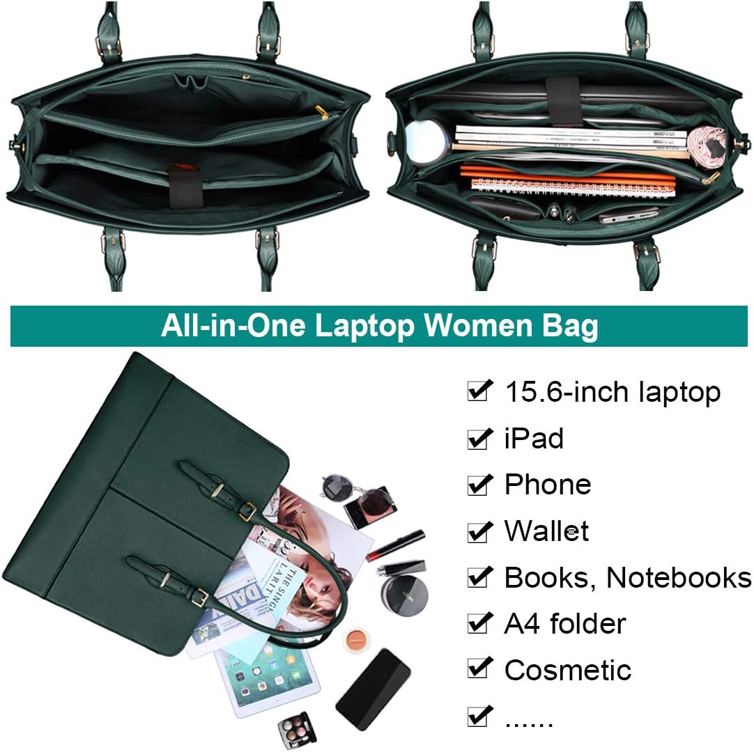 Women Laptop Bag Leather Work Tote 15.6 Inch Laptop Computer Bag Business Shoulder Messenger Bag (DeepGreen): Electronics