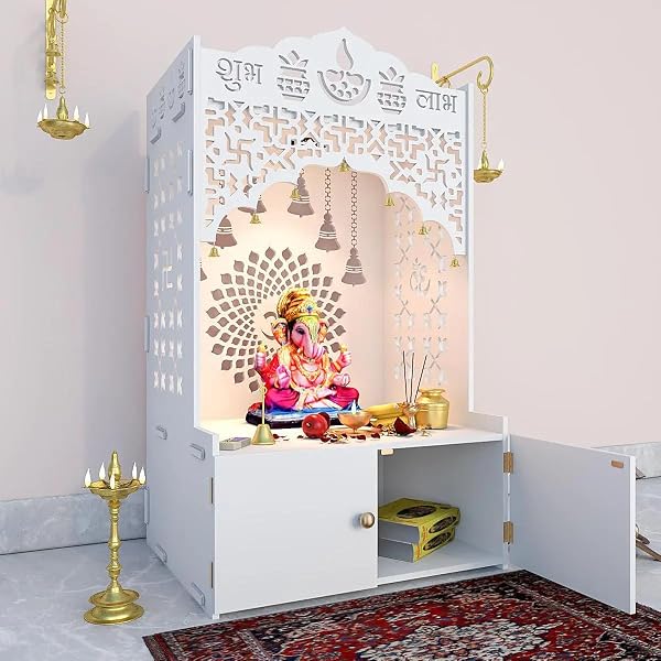 HOMSCAPE DIVINE WOODEN POOJA MANDIR FOR HOME WITH SPACIOUS SHELF & INBUILT FOCUS LIGHT – TEMPLE FOR HOME FLOOR RESTED POOJA MANDIR WITH DOORS 31″ HEIGHT MEDIUM WHITE | FESTIVE DECOR | INDIAN TEMPLE