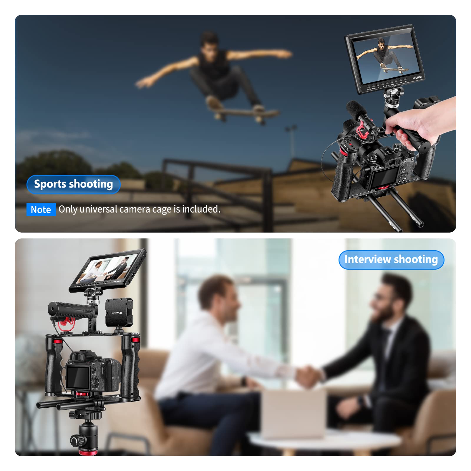 NEEWER Aluminum Alloy Camera Cage, Filmmaking Rig with Top Handle, Dual Grips, Standard Arca Type Base, Compatible with Sony A7S III A7IV A6600 Canon EOS R5C R5 R6 DSLR/Mirrorless Cameras - VS107