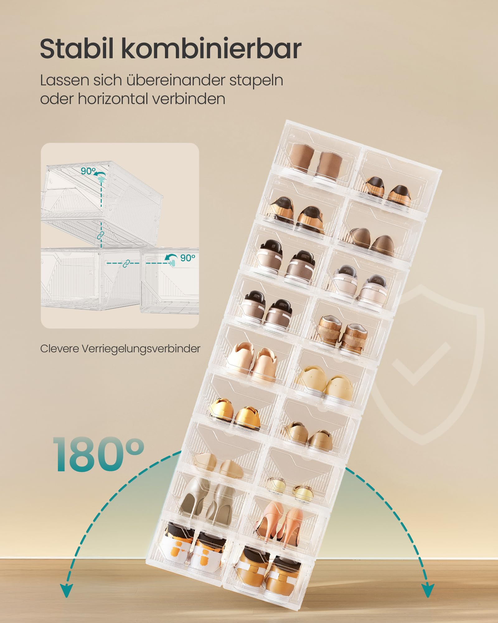 SONGMICS Schuhboxen 6er Set, Schuh-Organizer aus Kunststoff, stapelbar quer und längs, Aufbewahrungsbox mit Magnettverschluss, durchsichtig, für Schuhe bis Größe 46, wolkenweiß LSP806WH01 3