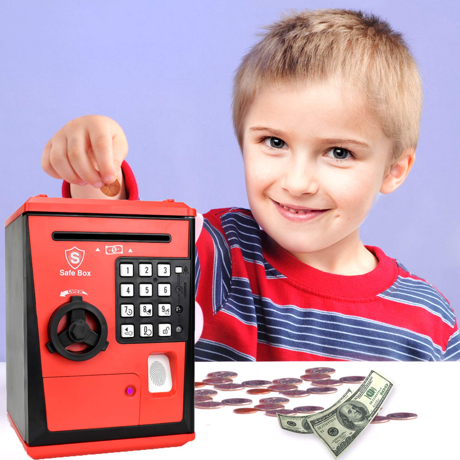 LIKE Toy Piggy Bank Safe Box Fingerprint ATM Bank ATM Machine Money Coin Savings Bank for Kids (Red)