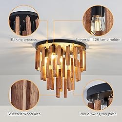 UOFUS 16.5inch 5-Light Rustic Wood Flush Mount