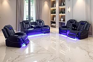 Toseslo Power Recliner Sofa Set, Black Leather 3 Pieces Sectional Couch, Living Room Furniture Sets with LED Light, Modern Power Reclining Sets with Storage Console/Cup Holder for Living Room