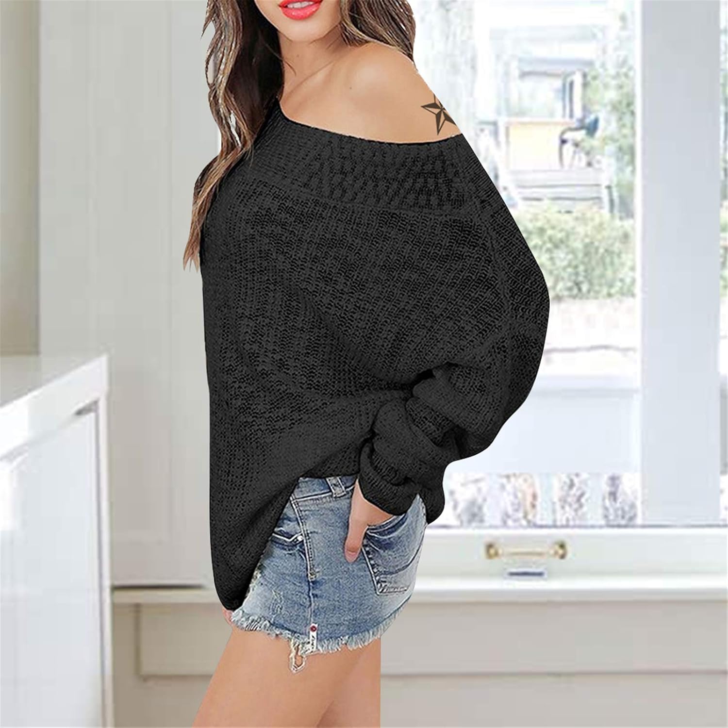 Exlura Women's Off Shoulder Sweater Batwing Sleeve Loose Oversized Pullover Knit Jumper at  Women’s Clothing store