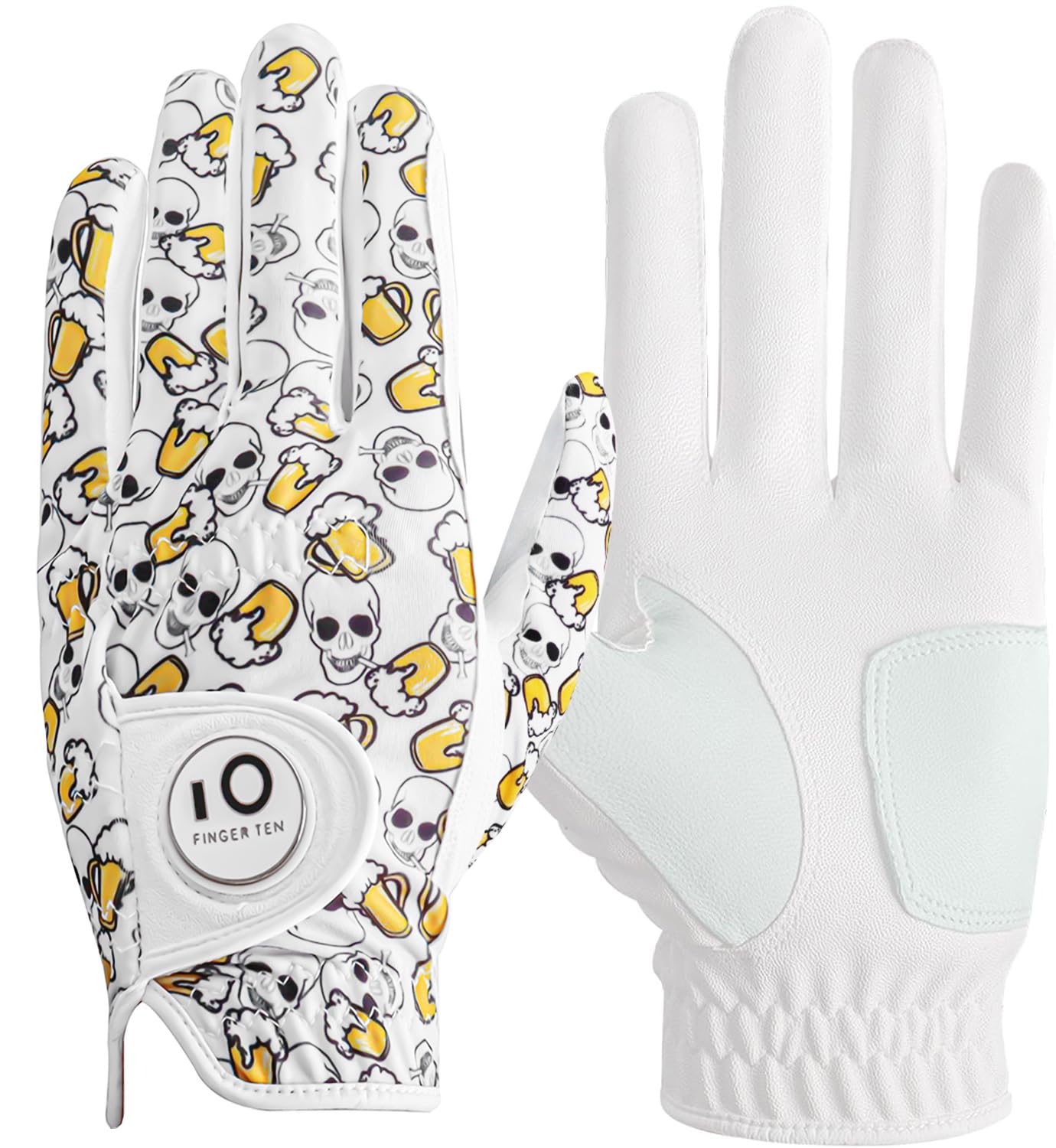 FINGER TEN Golf Gloves Men Left Hand Right with Ball Marker Cabretta Leather Weathersof Rain Grip Value Pack,Mens Golf Glove Fashion Pattern Wear Resistant (White-1 Pack, L-Worn on Left Hand) — image 1