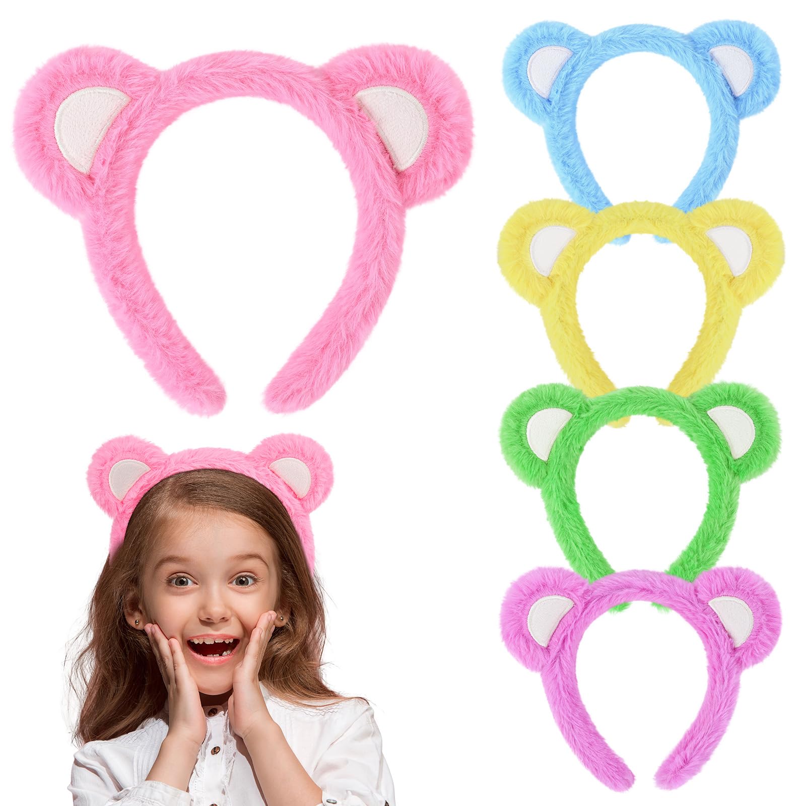 View 1 of 5pcs Plush Bear Ears Headband Cute Colorful Animal Ears Headband for Makeup Washing Face Party Trips Halloween Cosplay Dress up Costume Adults Women Gift