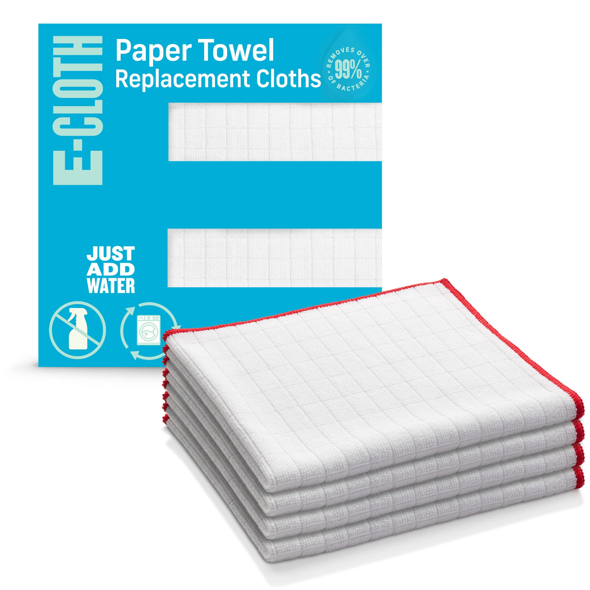 E-Cloth Paper Towel Replacement Cloth, Premium Microfiber Cleaning Cloth, Ideal Dish Towels for Drying Dishes, Glassware, Cookware and Countertops, 100 Wash Guarantee, 4 Count, Red - 4 Pack