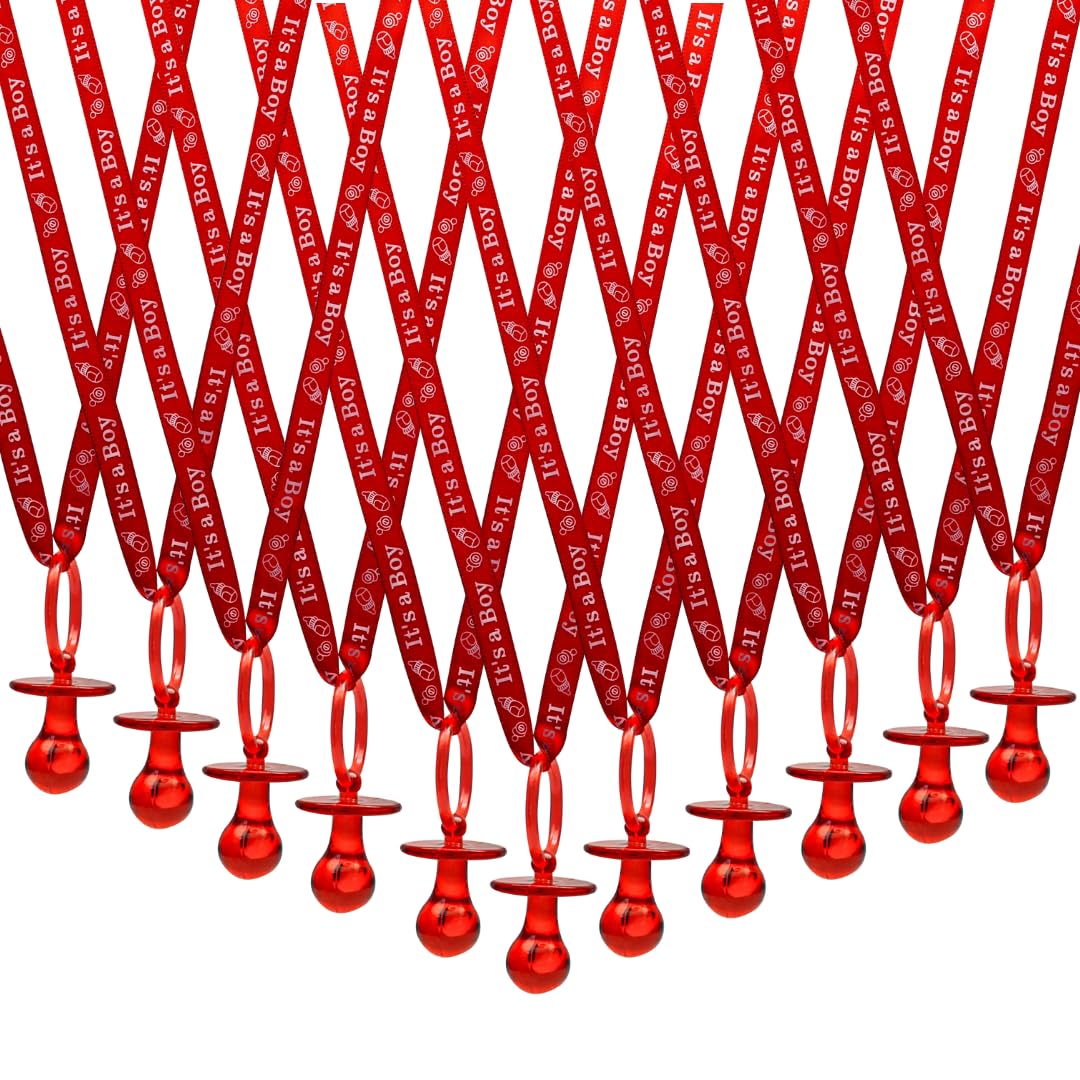Photo 1 of 36 Pieces It's a Boy Baby Shower Pacifiers Necklace Acrylic Baby Party Favors Charm Pacifiers Necklace Baby Shower Party Decorations Table Scatter (Red)