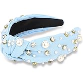 Uintoon Blue Headband for Women Pearl Knotted Headband Sparkly Rhinestone Pearls Top Knotted Headbands Fashion Accessories Cute Hair Bands for Women Girls