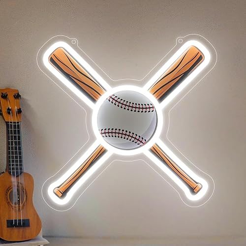 Baseball Neon Sign, White Baseball Sport Neon Sign for Sport Lover, USB Powered Light Up Light Signs for Bedroom Man Cave Shop Living Room Bar Wall Decor