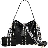 Roomy Hobo Tote Bag for Women, Studded Shoulder Handbag, 2-Piece Set with wallet, Crossbody Purse with Wide Boho Guitar Strap