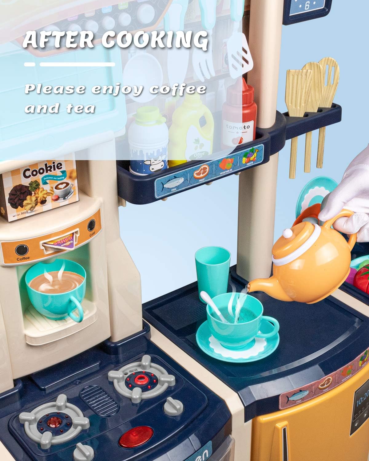 UNIH Toys for Kids Play Kitchen Pretend Kitchen Playset Toddler Toy with Realistic Lights & Sounds,Play Oven & Sink,Coffee Toy Set,Kids Phone and Other Kitchen Accessories Blue Toys for Girls and Boys: Toys & Games