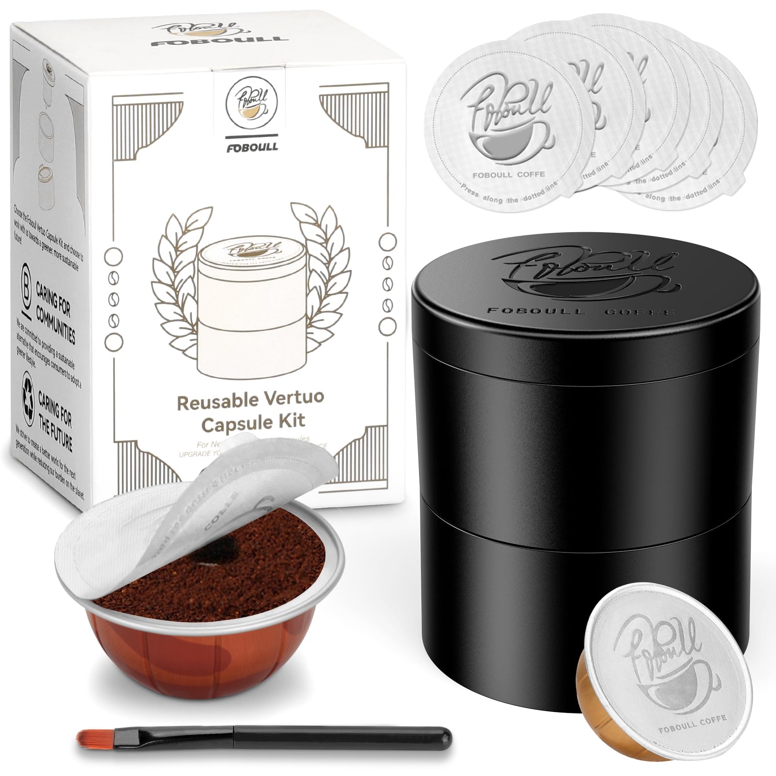 Photo 1 of Foboull Reusable Kit for Nespresso Pods Vertuo, 50 Pcs Aluminum Foil Seal Lids, Holder & Brush Included – for Refilling Nespresso Vertuo/Vertuoline Pods, Refillable Coffee Capsules Tool Set
