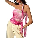 RoseSeek Women's Floral Tie Dye Strapless Tube Top Sleeveless Y2K Bandeau Tops with Scarf