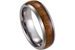 ALOHA JEWELRY COMPANY Tungsten Carbide Genuine Natural Hawaiian Koa Wood Tree Inlay Comfort Fit Ring 8mm 6mm 4mm Wedding Band Dome Style Scratch Resistant Weighted Hypoallergenic High Polished Finish with Gift Box Included