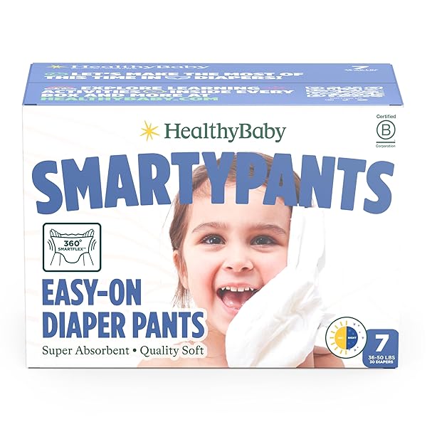 SMARTYPANTS PULL UP STYLE DIAPERS | EWG VERIFIED SAFE & PLANT-BASED | QUILTED 360 WAISTBAND, SUPER ABSORBENT FOR OVERNIGHT LEAK PROTECTION | TRAINING PANTS BY HEALTHYBABY | SIZE 7 (30 COUNT)