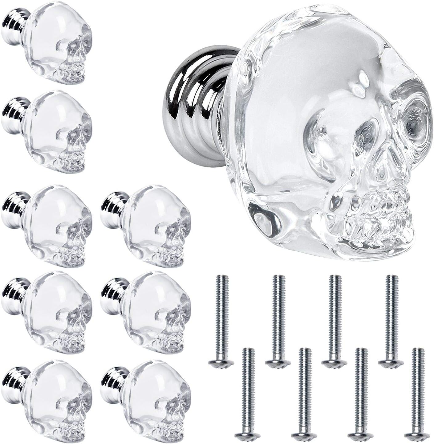 Crystal Glass Door Knobs Akamino Skull Clear Drawer Knobs with Screw Knob Pull Handle Hardware for Cabinet Wardrobe Cupboard - Home Kitchen Bedroom Decor Knobs