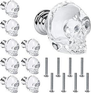 Crystal Glass Door Knobs Akamino Skull Clear Drawer Knobs with Screw Knob Pull Handle Hardware for Cabinet Wardrobe Cupboard - Home Kitchen Bedroom Decor Knobs