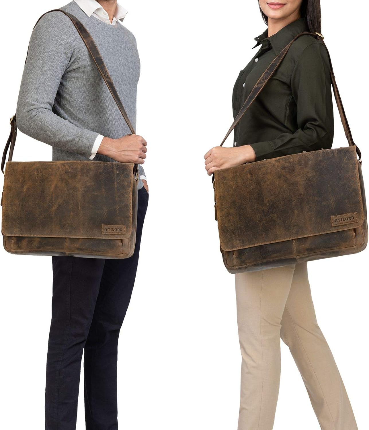STILORD "Rick" Vintage Shoulder Bag Leather Satchel Bag Laptop Bag 15.6 inches Messenger Bag Genuine Buff-Leather Colour:Calais - Brown - Image 3