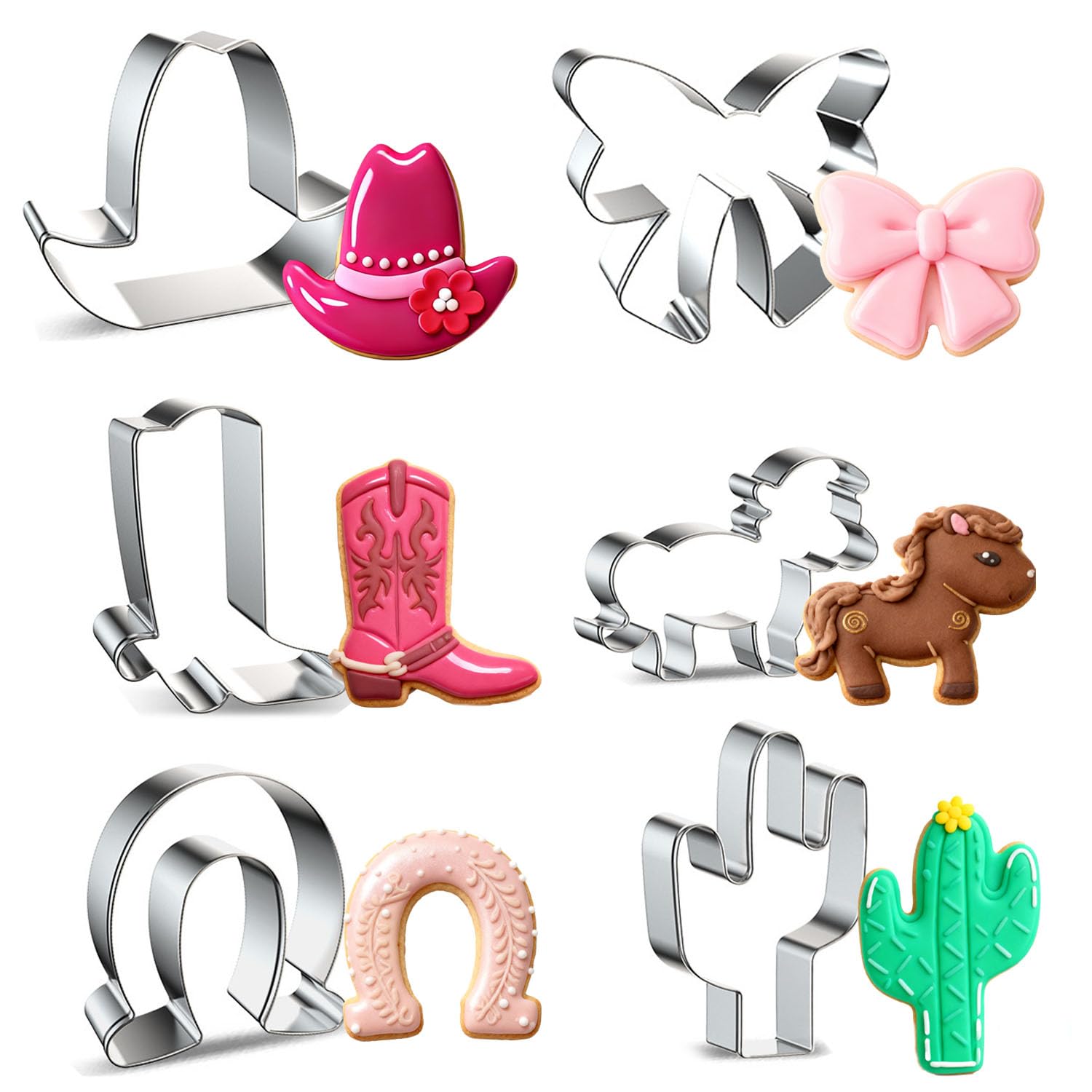 Photo 1 of 6 Piece Cowboy Cowgirl Cookie Cutter Set, Western Boot Cookie Cutter Bow, Cowboy Hat, Cactus, Horse Hooves Shaped Stainless Steel Metal Molds Perfect for Western Cowgirl Party