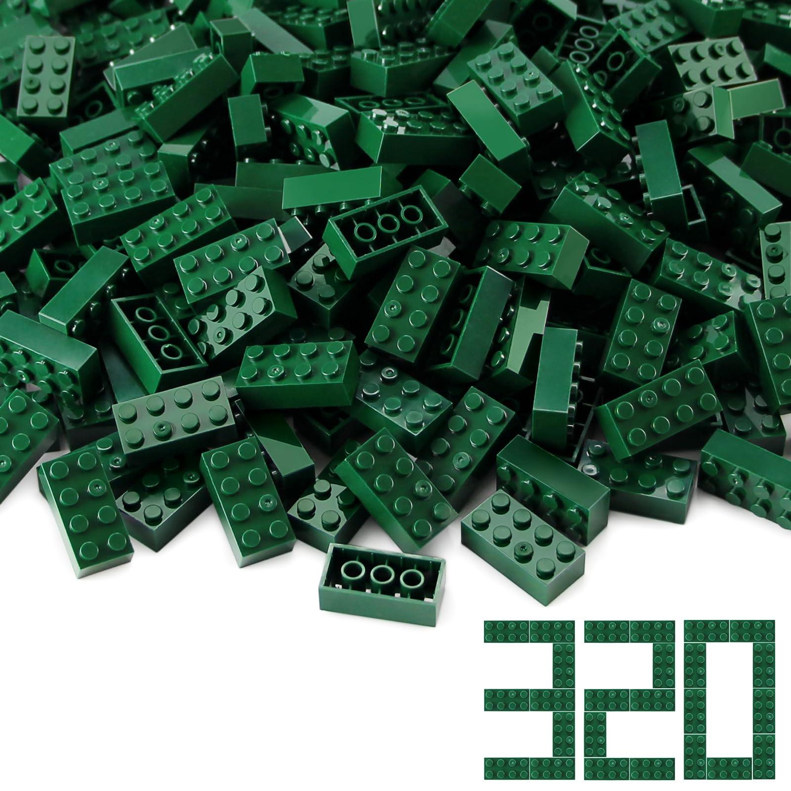 2x4 Bricks Dark Green 320 Pieces Parts Classic Building kit Creative Play Set Basic Blocks Toy Accessories Compatible with 3001 Major Brands