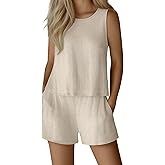 Ficerd Womens 2 Piece Summer Linen Outfits Short Sets Round Neck Sleeveless Tank Top Elastic High Waisted Shorts with Pockets
