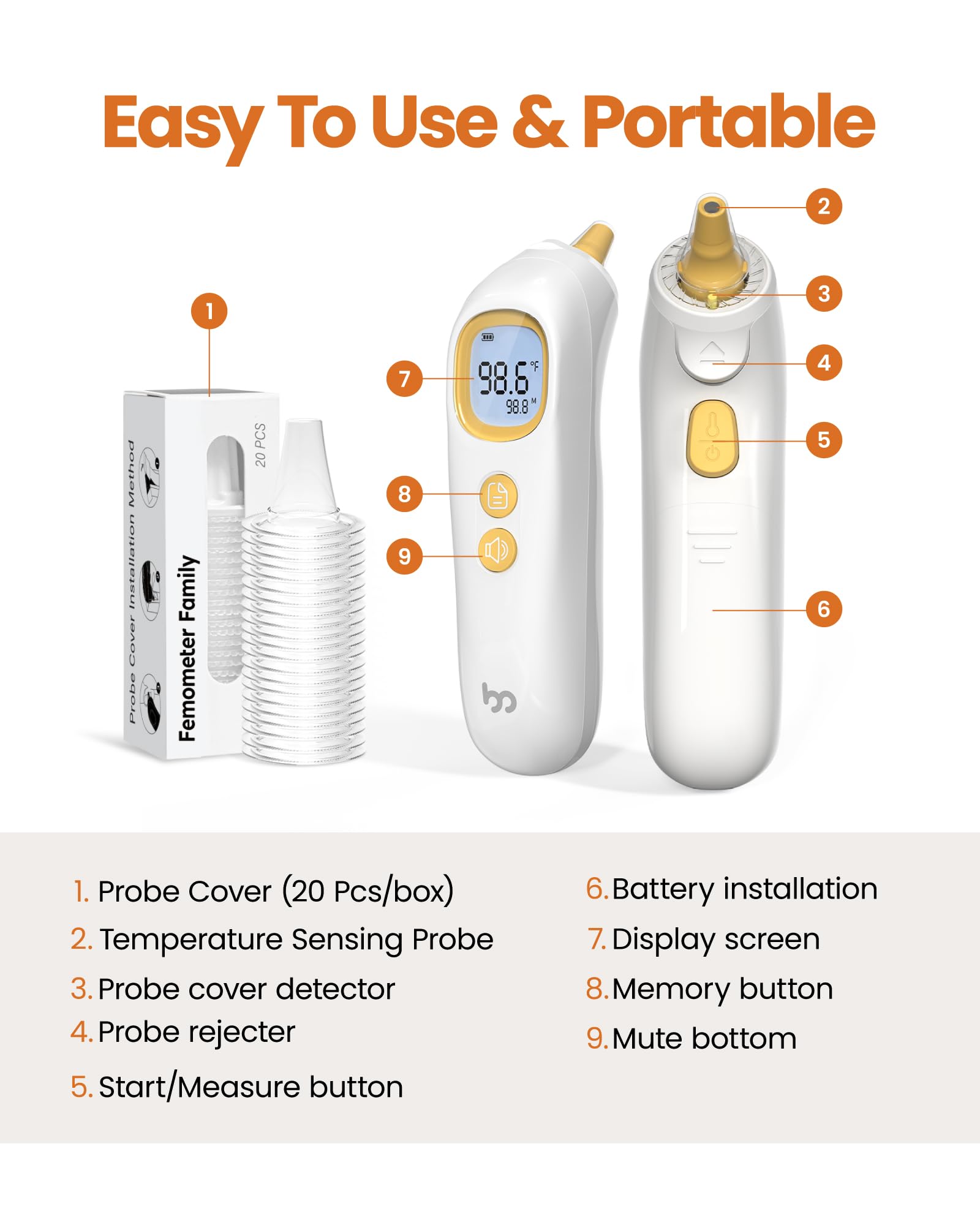 Ear Thermometer, Highly Accurate Thermometer for Kids, Adults and Toddlers, 32 Memory Recall, 1s Fast, 3 Color Fever Alarm with Mute Mode, 21 Disposable Probe Covers