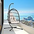 CHABATREE Egg Chair with Stand,Patio Rattan Wicker Hanging Swing Egg Chair Hammock Chair for Bedroom Porch Garden,Thickened Aluminum Alloy Steel Frame and UV Resistant Cushion,350LBS Capacity