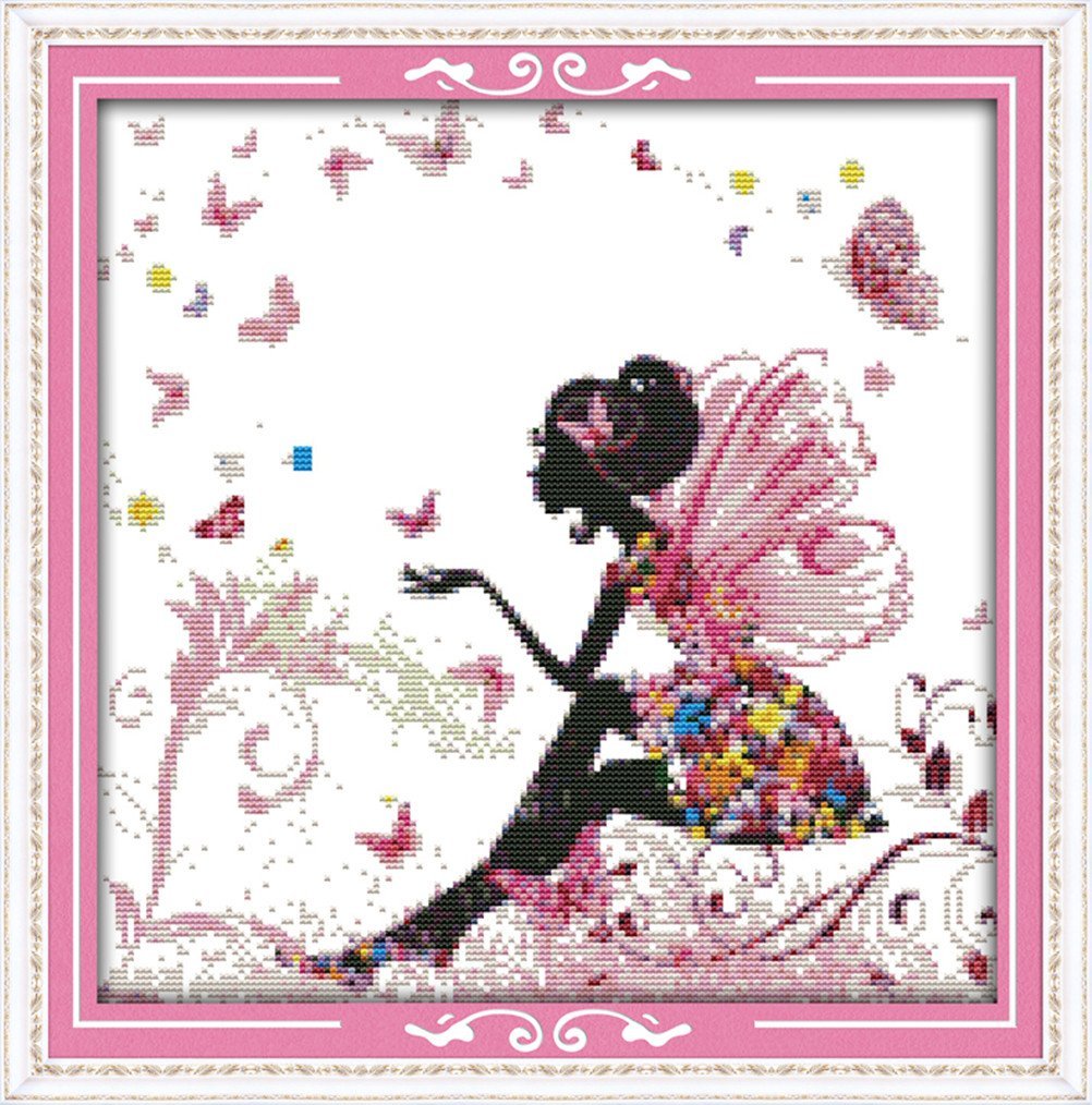 YEESAM ART Unstamped Cross Stitch Kits for Adults, Butterfly Girl 14ct Counted Unprinted Embroidery Kit Needlework Wall Art Decor