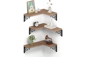 Smatto Corner Floating Shelves, Rustic Brown Corner Shelves Wall Mounted, Wood Wall Storage Shelves for Bathroom Bedroom Living Room Kitchen, Corner Shelf Set of 3