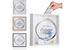 MUXIUNT Travel Adventure Challenge Archive Shadow Box Picture Frame with Slot,8&12In Travel Ticket Card Memory Box for Keepsake Box,Top Loading Shadow Box Display Case Travel Decor Gift (White,8x8in)