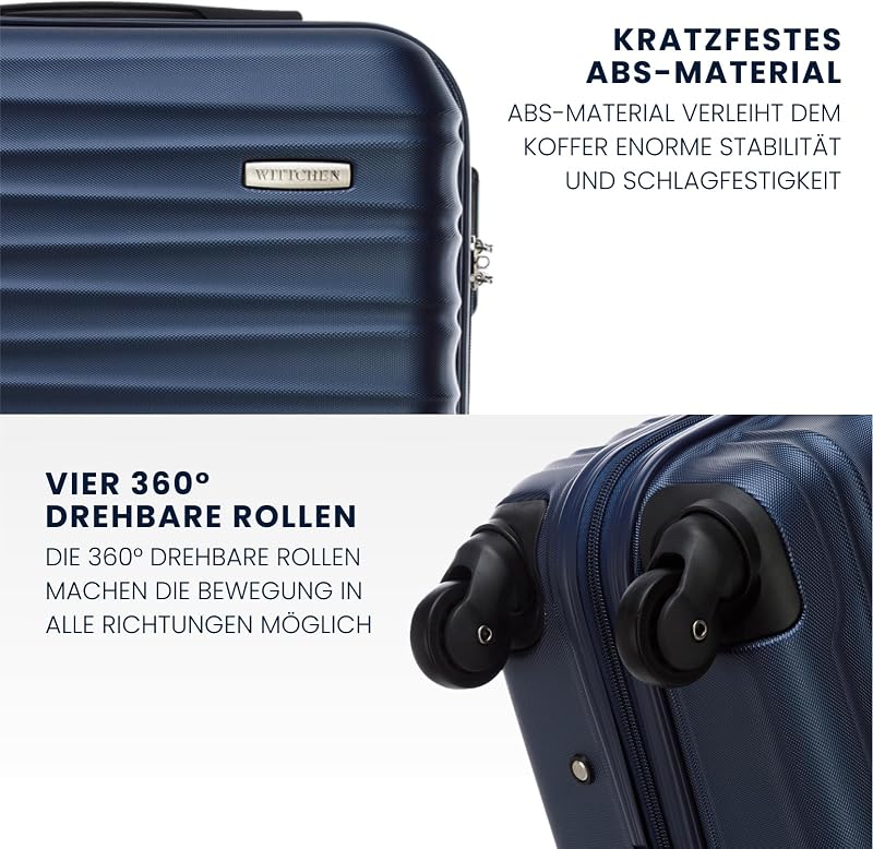 Reisekoffer 4er Koffer-Set Rollkoffer Trolley Handgepäck Gepäck Reisekoffer Set Hartschale aus ABS 4 Spinner-Rollen Zahlenschloss Groove Line Marineblau Lufthansa/Eurowings/Ryanair/Condor