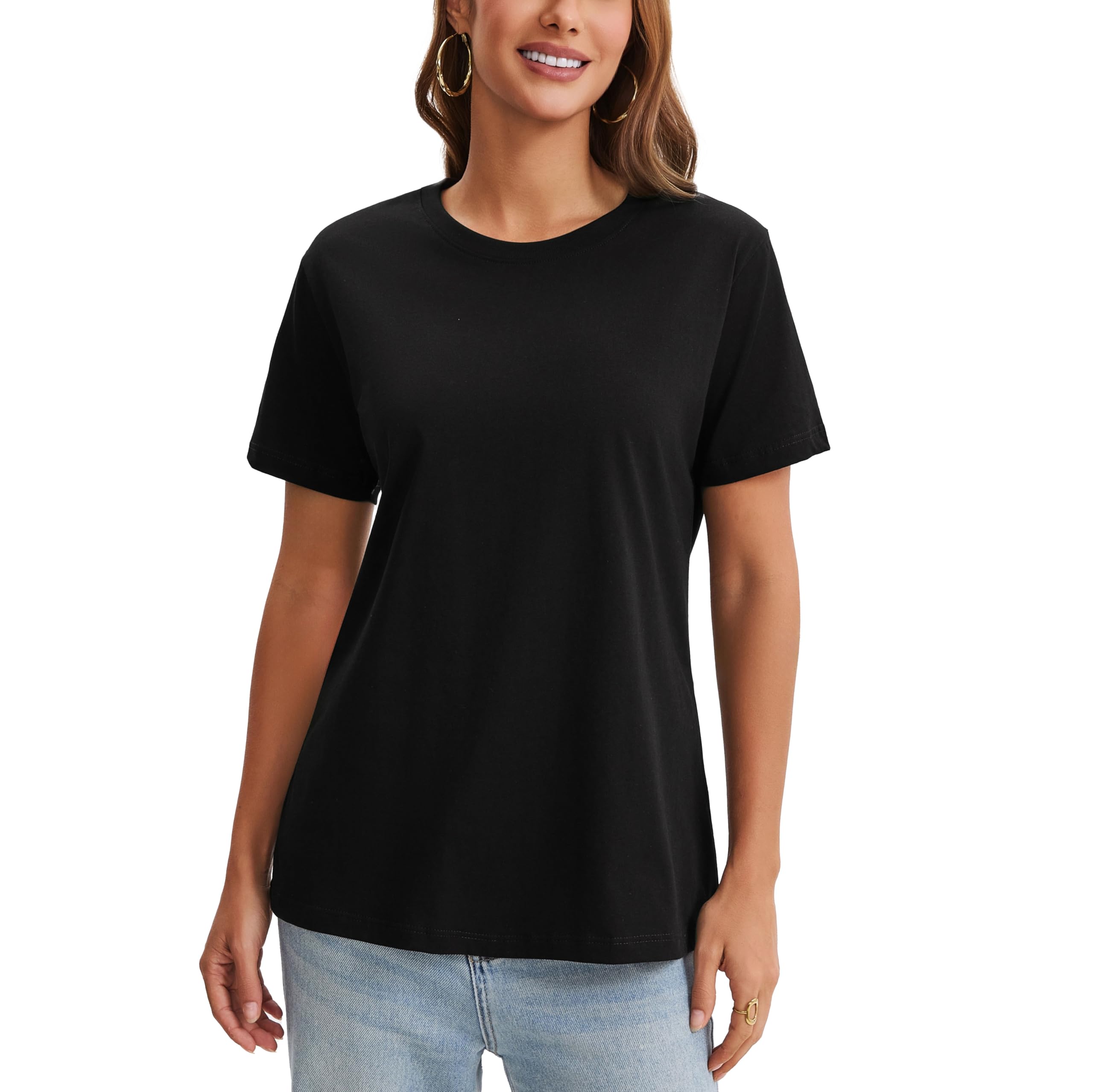 Photo 1 of 100% Cotton Black Basic T Shirts for Women, Crew Neck Short Sleeve Shirts, Loose Fit Plain Workout Tshirts, Tops, Undershirts