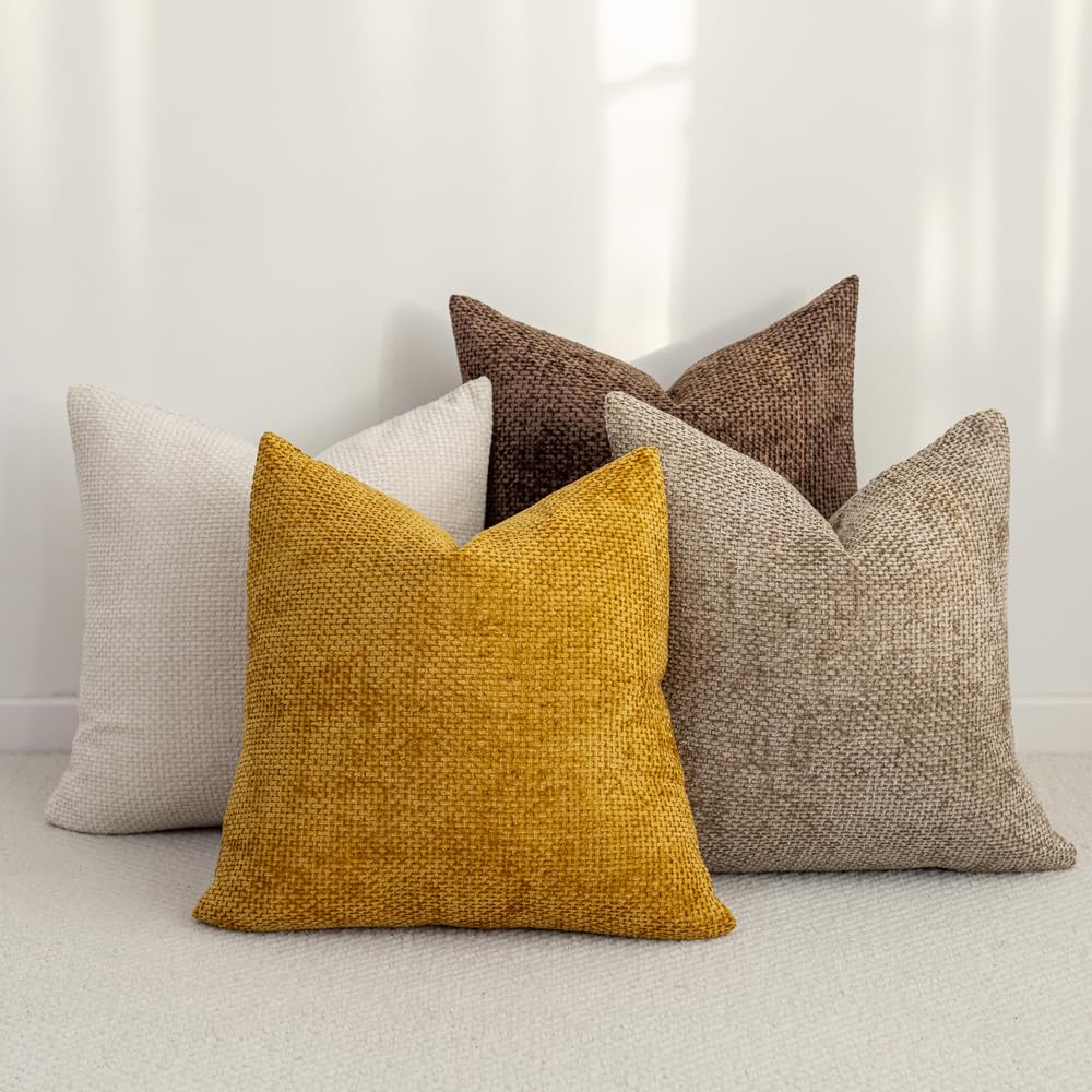 Photo 1 of LANANAS Neutral Decorative Throw Pillow Covers 18x18 Inch for Living Room Couch Bed Sofa Farmhouse Boho Home Decor Set of 4 Soft Corduroy Accent Luxury Cushion Cases (18x18, Neutral Gold-Brown)