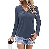 Womens Long Sleeve T Shirts V Neck Ruched Tops Loose Fit Pleated Tee Dressy Casual Tunic Blouses Fall Clothes