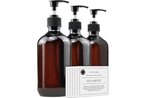 FOOCHY Empty Plastic Bottles with Pump Dispenser and Labels Included, Refillable Travel Containers for Hand sanitizer Shampoo Lotion, etc - BPA/Paraben Free, 500ml/16.9oz (Amber, 3 Pack)