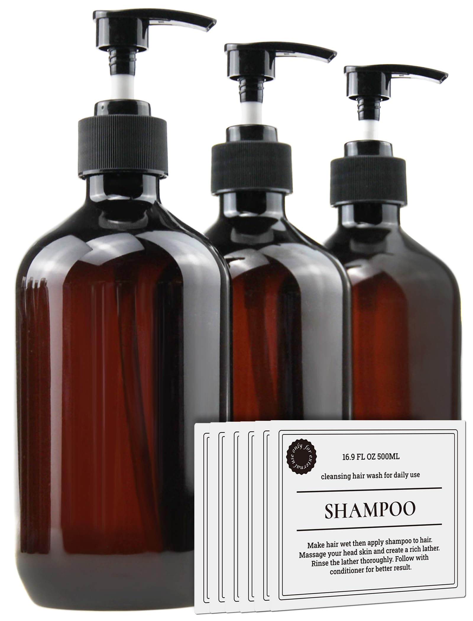 Photo 1 of Empty Plastic Bottles with Pump Dispenser and Labels Included, Refillable Travel Containers for Hand sanitizer Shampoo Lotion, etc - No BPA/Parabenf, 500ml/16.9oz (Amber, 3 Pack)