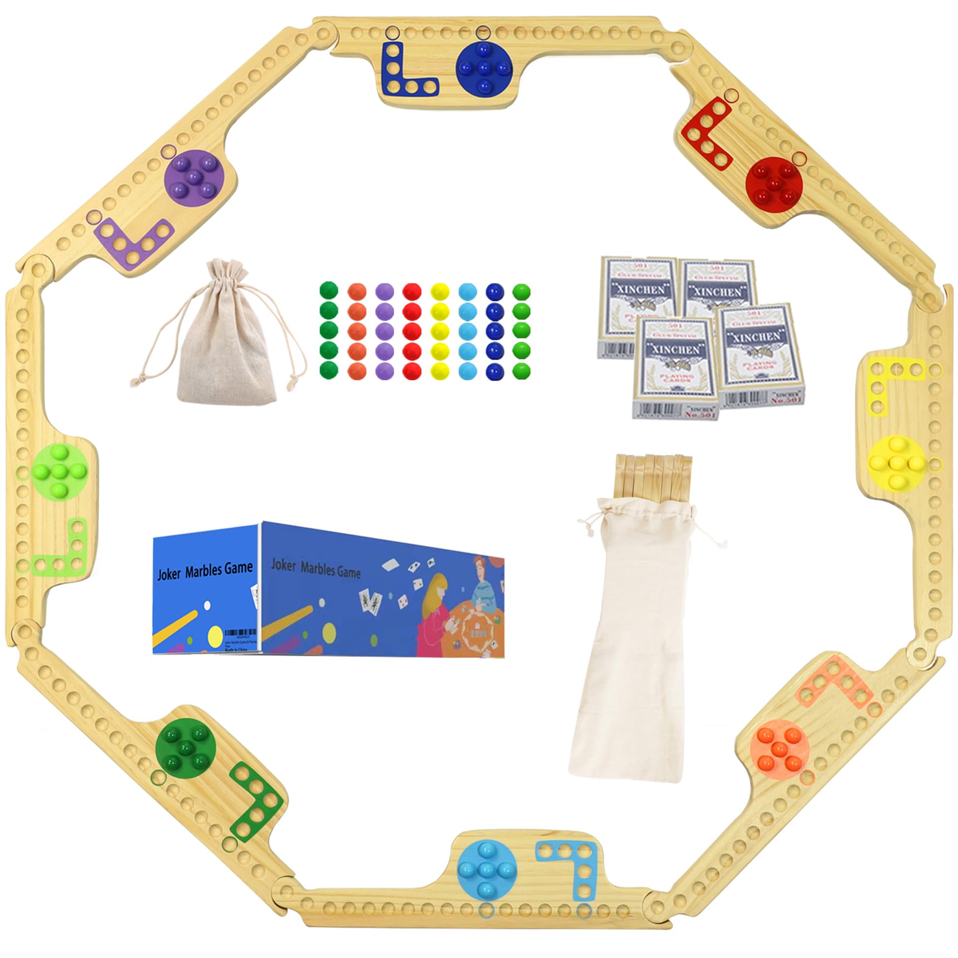 Marbles and Jokers Game Pegs and Jokers for 2-8 Players Pegs Board Game Full Size Wooden for Family Friends with 8 Colors 40 Marbles 4 Boxes Card (log)