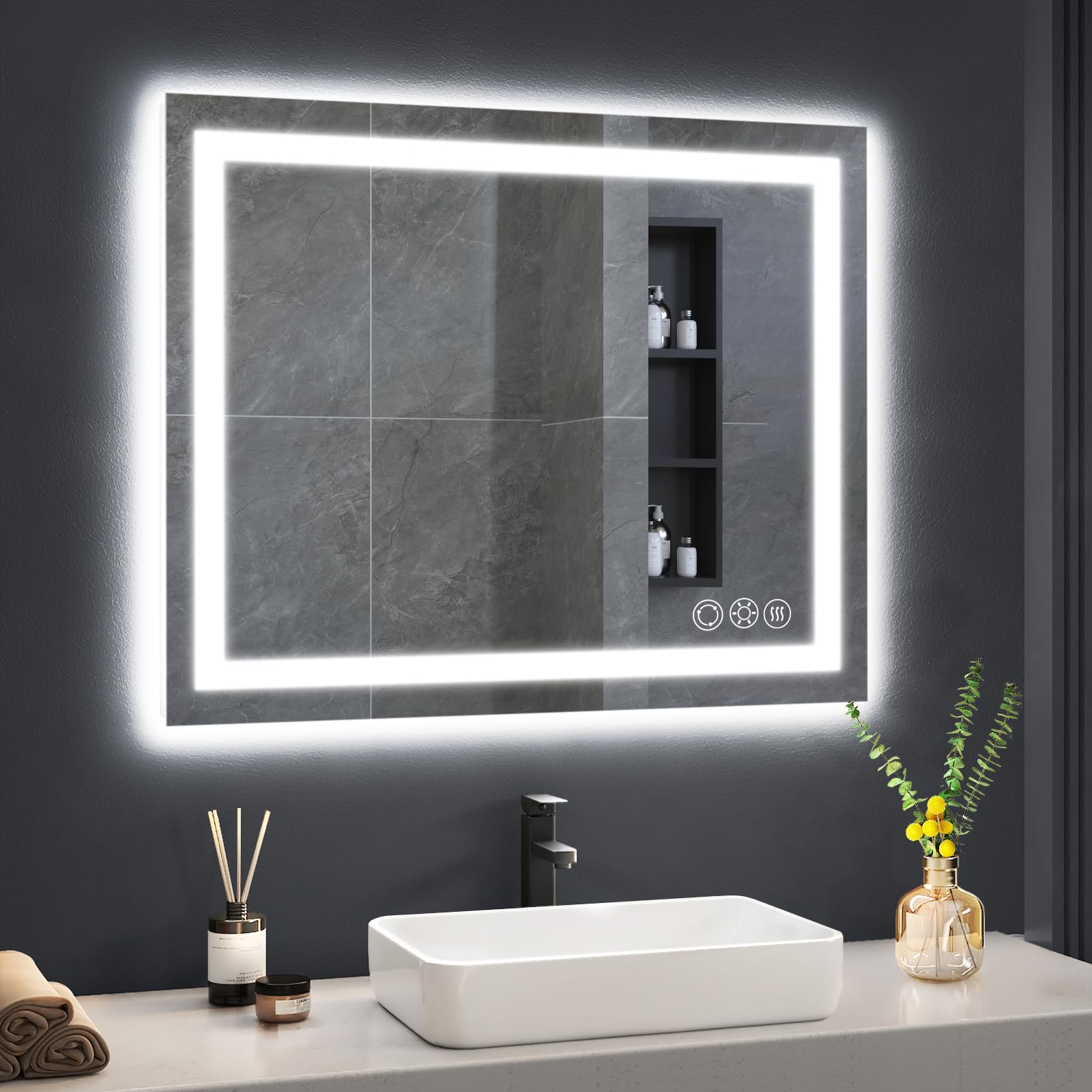 Photo 1 of ROMECH 40" x 32" LED Bathroom Mirror with Lights, 3 Colors Dimmable, Anti Fog, Vanity Mirror with Lights, Front and Backlit, Memory Function, Tempered Glass, ETL Listed