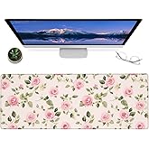 ainori Romantic Pink Rose Gaming Mouse Pad – 12x31.5in Non-Slip Rubber Desk Mat with Floral Design – Large Extended Mousepad for Office Home – Deskmat Gifts for Women Shabby Chic Flower Lovers Decor
