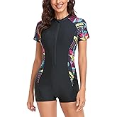 AUBIG Long Sleeve Shorty Wetsuit Women Sun Protection One Piece Swimsuit Printed Full Body Rash Guard Zip Up Surf Swimwear
