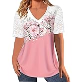HOMEYEE Plus Size Women's Boho Lace Short Sleeve Tops V Neck Summer Graphic Tees Vintage Floral Blouse Shirt