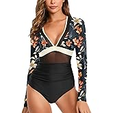 NESY Women's Long Sleeve Rash Guard Swimsuits One Piece Bathing Suit UV Protection Surfing Suit Zipper Printed Swimwear