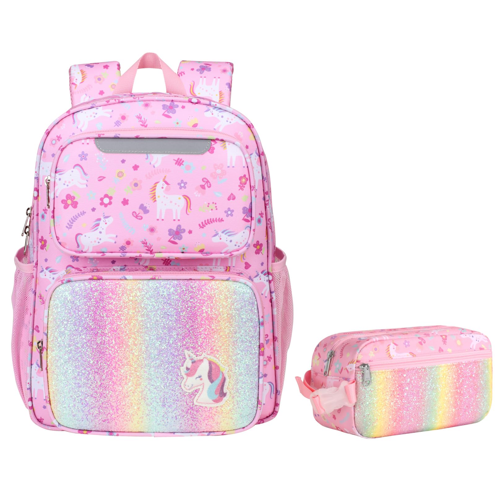 Photo 1 of BrainyBees Kids Backpack with Insulated Snack Bag - 15 Inch Backpack for Girls 3 to 8, Lightweight Bookbag for Preschool Kindergarten Elementary School, Safe Reflective Stripe, Pink Unicorn