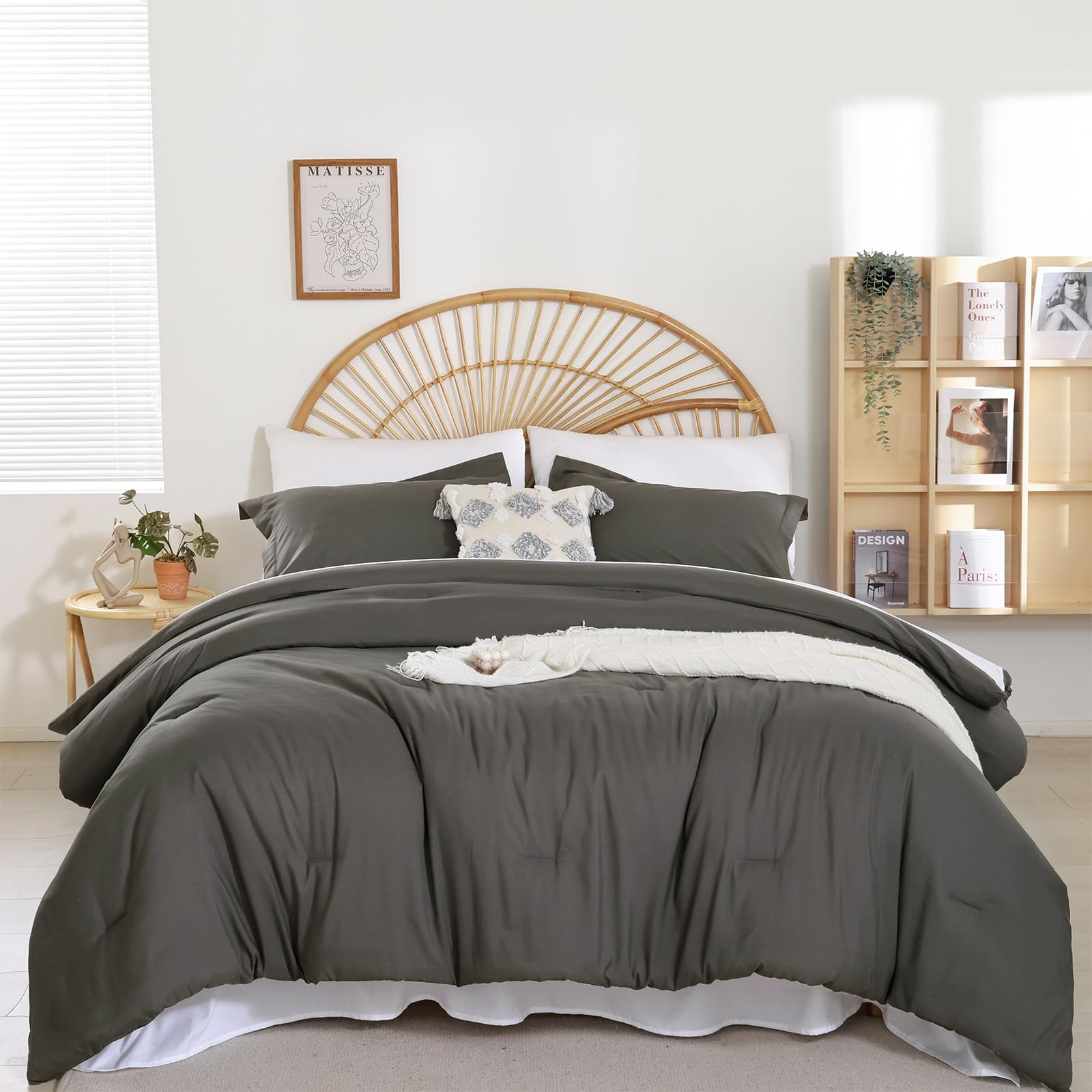weigelia Set copripiumino per letto queen size, stile bohémien, 7 pezzi, beige, per letto matrimoniale, morbido, in microfibra, per tutte le stagioni, con lenzuola con angoli, lenzuola piane, federe e