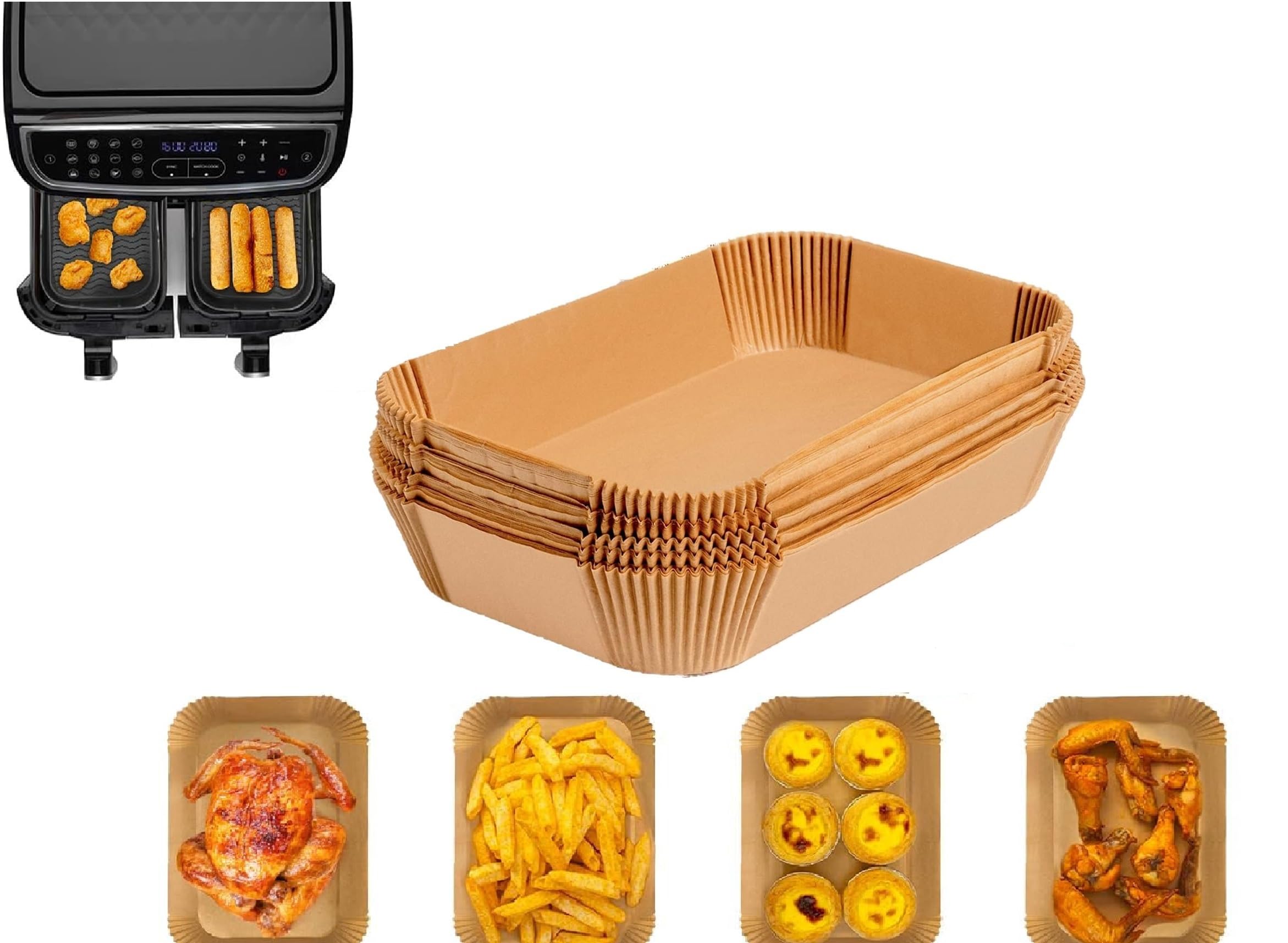 AL-FAHMI Air Fryer Liners Disposable Paper Non Stick Parchment for Ninja Dual Disposable Parchment Paper Liner, Compatible with Ninja, Salter, Tower and Other Dual (150PCS 22cm x 14cm)