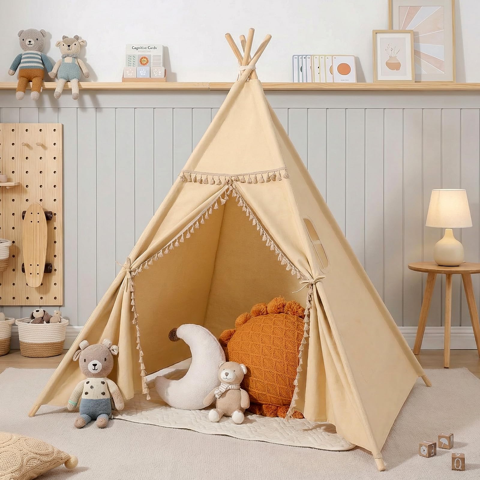 Kids Teepee Tents Indoor: Toddler Tipi Play Tents Cotton Large with Storage Bag Colourful Flags and Window Foldable Brown Playhouse Toys House for Grils Boys Birthday Gift