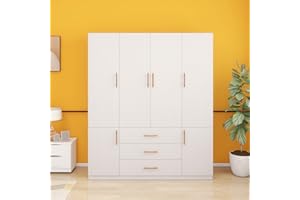 ClassyCabin 4-Door Armoire Wardrobe Closet, 3 Drawers Wooden Armoire Closet Cabinet for High Storage Capacity, White Bedroom Armoires with 2 Hanging Rod